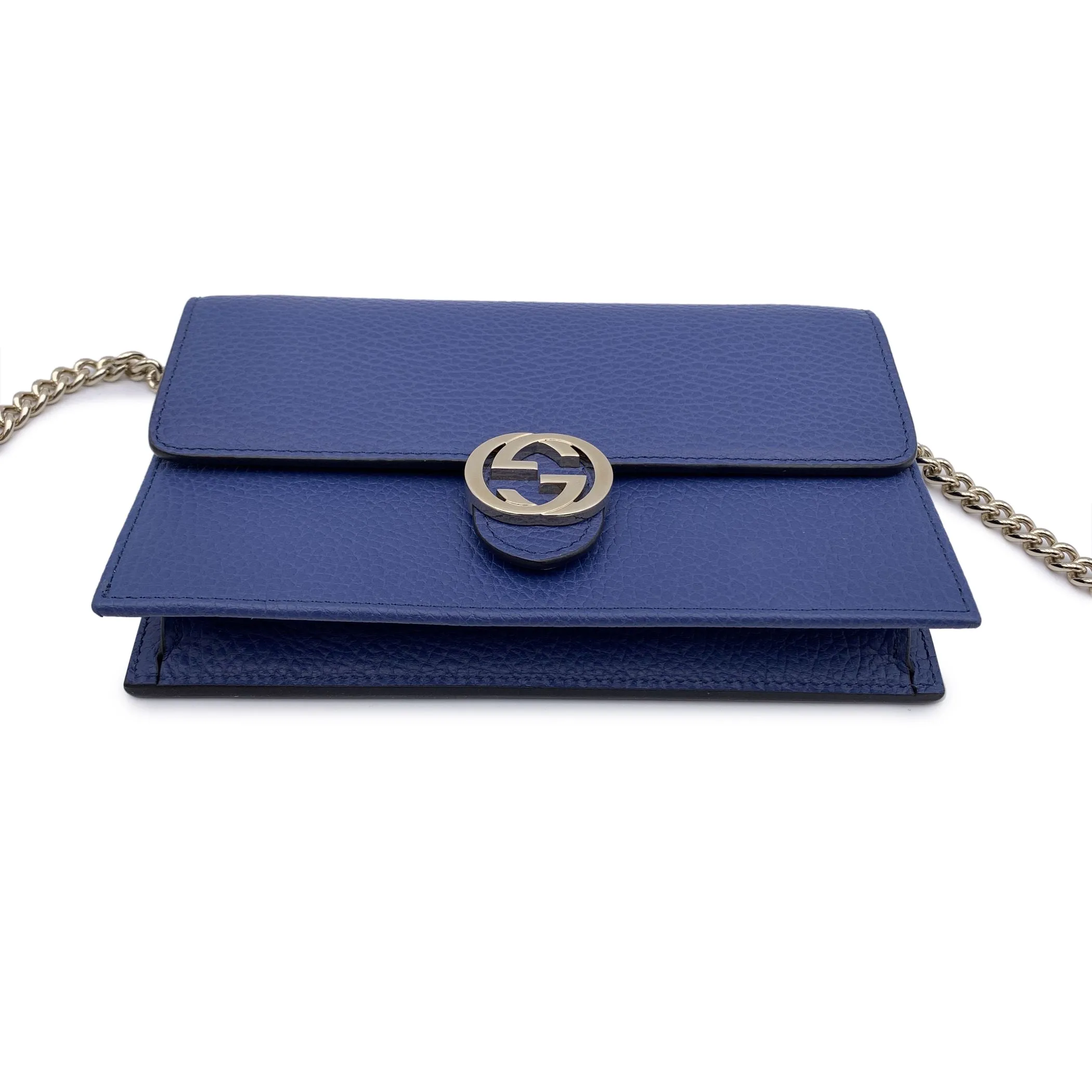 GUCCI Blue Leather Gg Woc Wallet On Chain Crossbody Bag