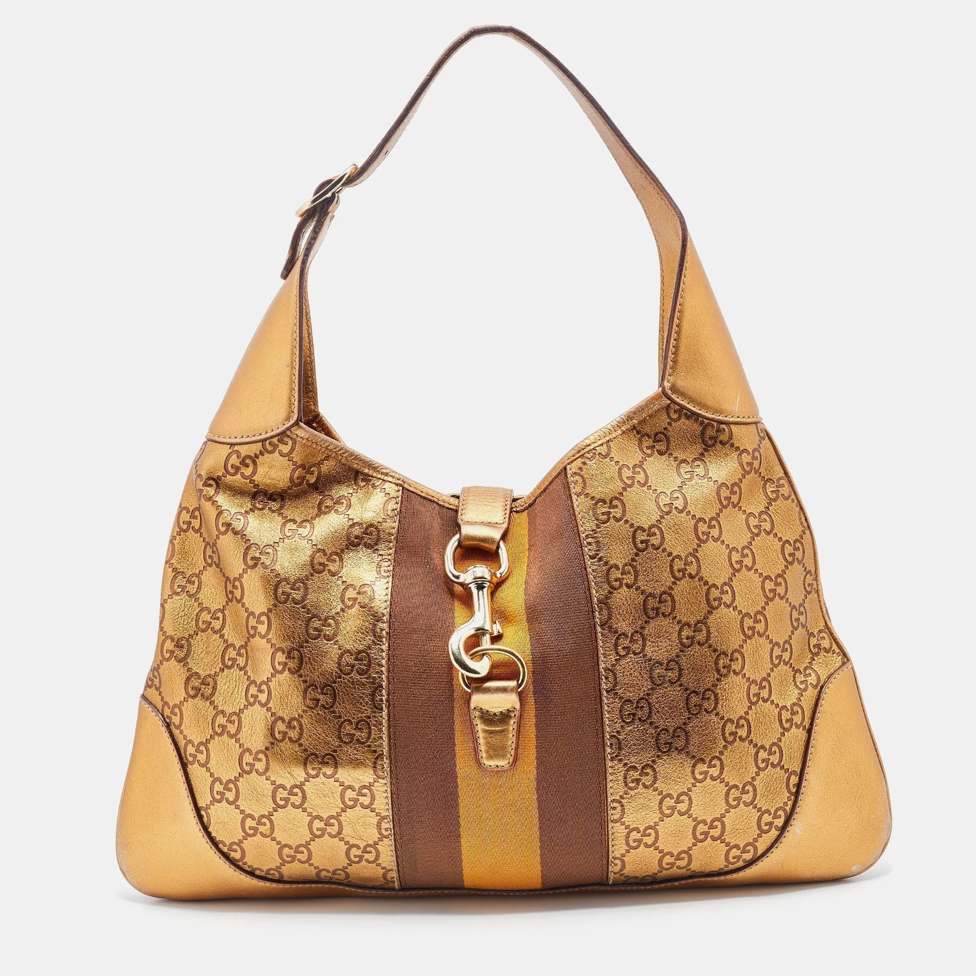 Gucci Gold Guccissima Leather Web Jackie O Bouvier Medium Hobo
