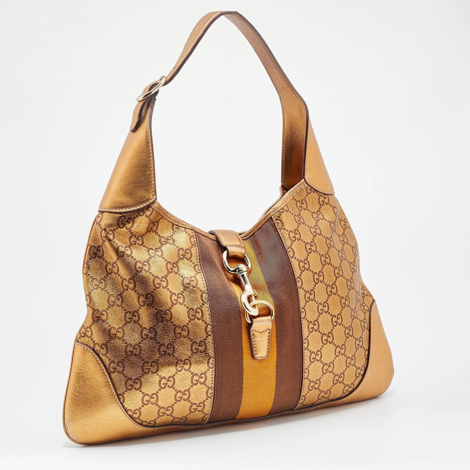 Gucci Gold Guccissima Leather Web Jackie O Bouvier Medium Hobo