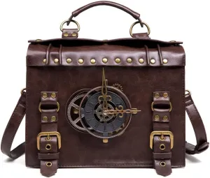 GUDVES Steampunk Messenger Bag, Brown Adjustable Clock Shoulder Bag, Party Cosplay Accessories