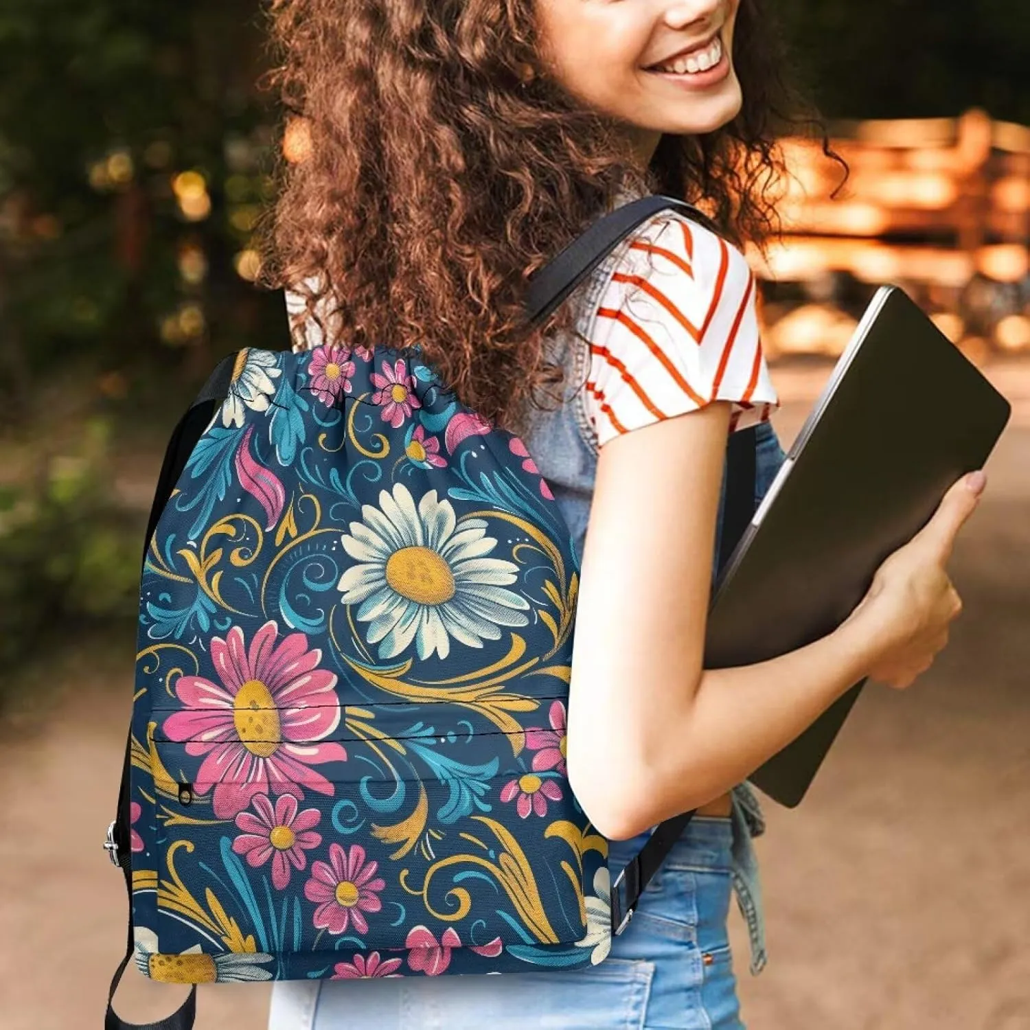 Gym Bag for Women Brightly Daisies Drawstring Backpack with Convenient Compartments Large Capacity Sport Gym Sackpack Suitable for Variety Of Occasions