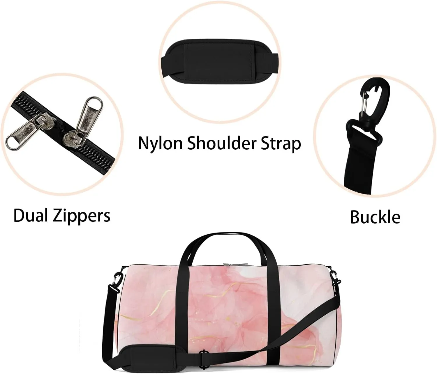 Gym Bag Sports Travel Bag Rose Pink Liquid Watercolor Gold Weekender Bags with 2 Side Pocket Lightweight Waterproof Polyester Tote Bag for Swimming Yoga Women Men 9x17.6inch