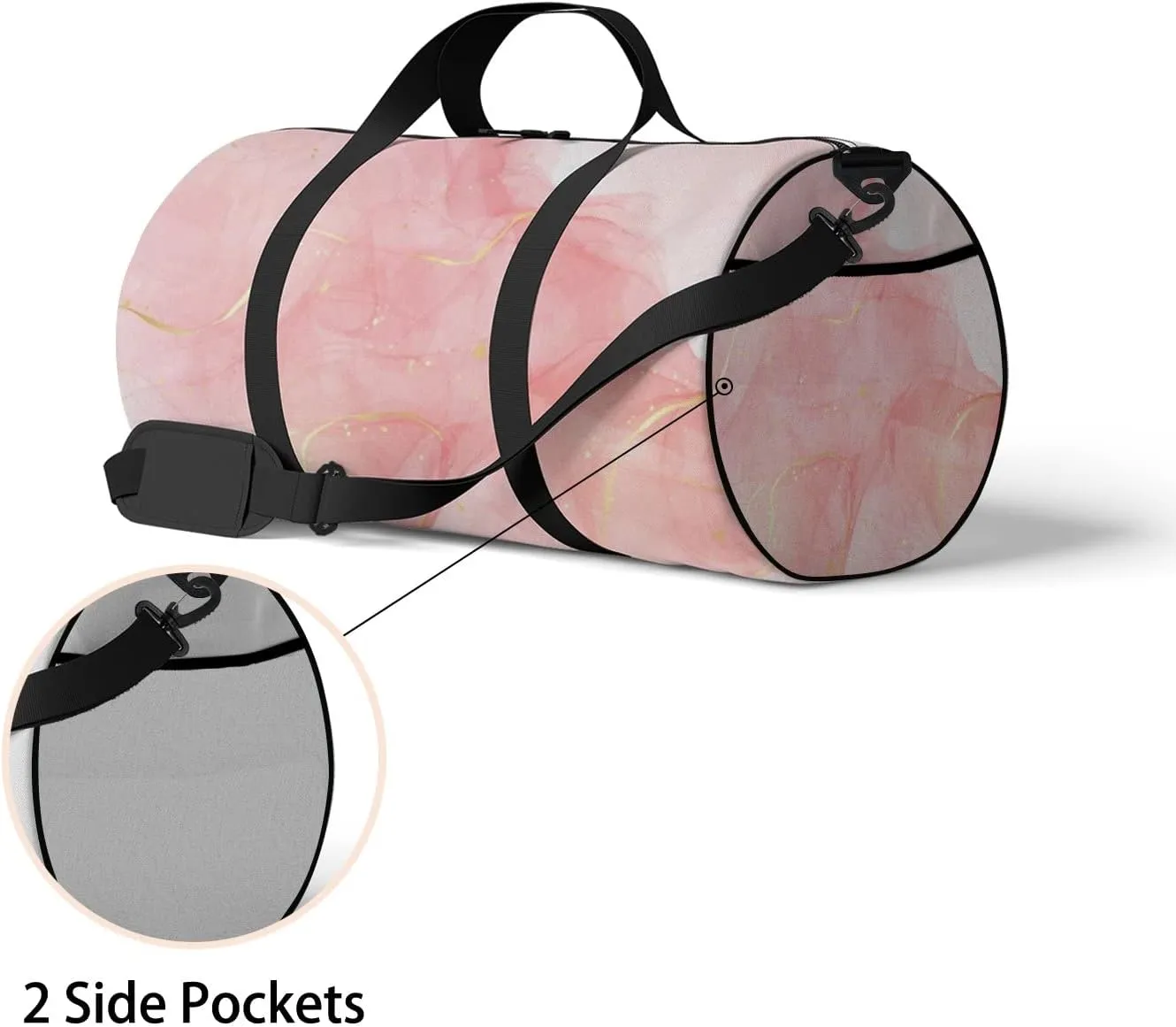 Gym Bag Sports Travel Bag Rose Pink Liquid Watercolor Gold Weekender Bags with 2 Side Pocket Lightweight Waterproof Polyester Tote Bag for Swimming Yoga Women Men 9x17.6inch