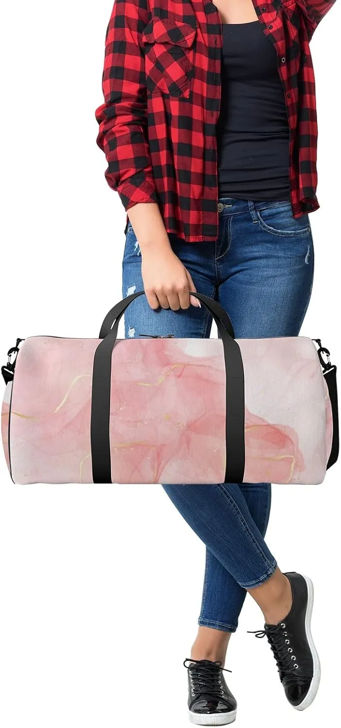 Gym Bag Sports Travel Bag Rose Pink Liquid Watercolor Gold Weekender Bags with 2 Side Pocket Lightweight Waterproof Polyester Tote Bag for Swimming Yoga Women Men 9x17.6inch