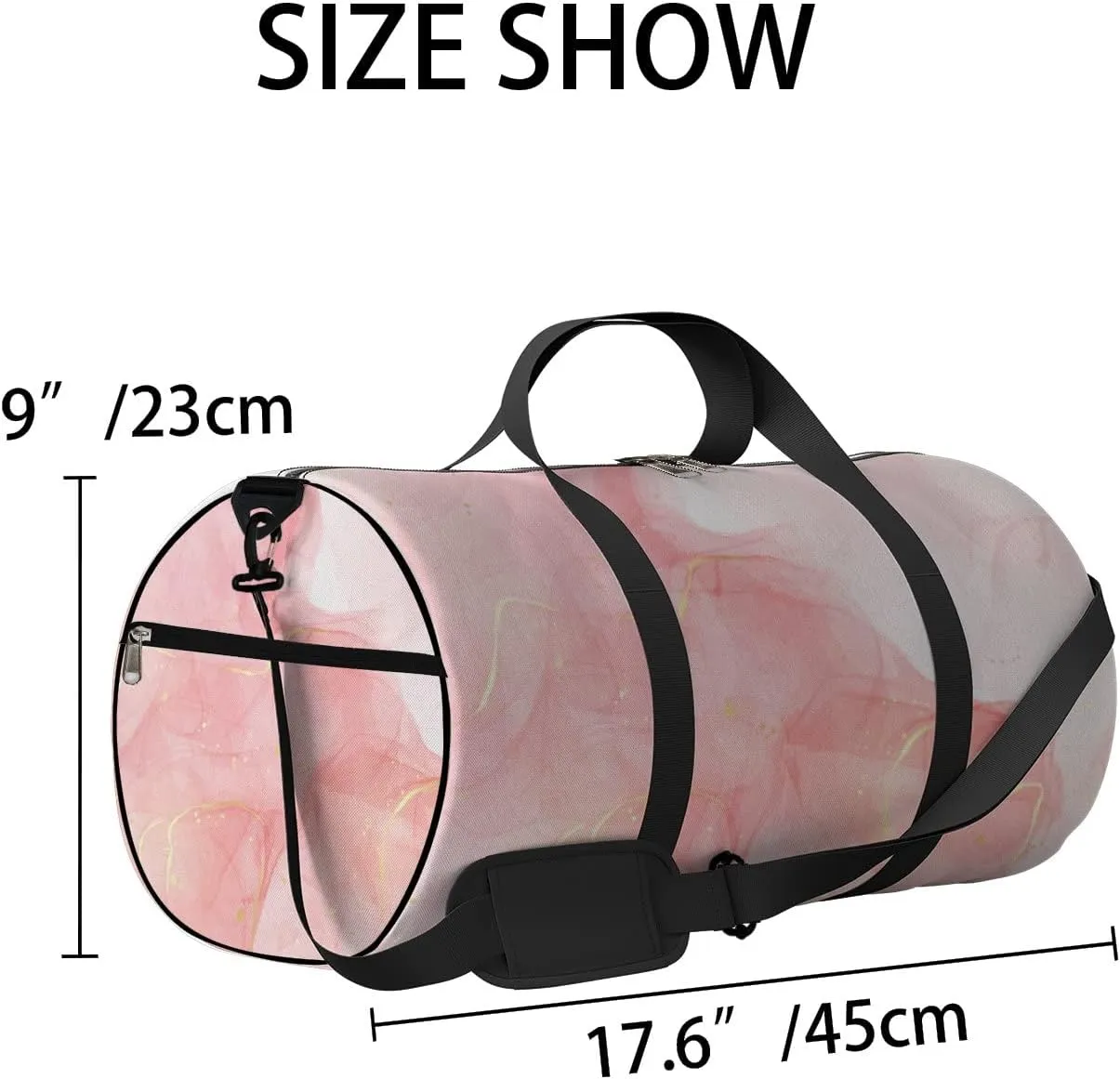 Gym Bag Sports Travel Bag Rose Pink Liquid Watercolor Gold Weekender Bags with 2 Side Pocket Lightweight Waterproof Polyester Tote Bag for Swimming Yoga Women Men 9x17.6inch