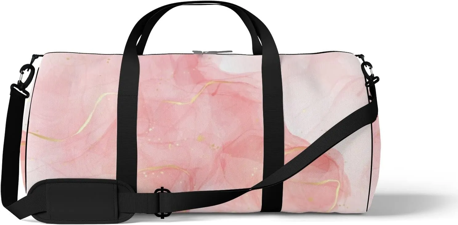 Gym Bag Sports Travel Bag Rose Pink Liquid Watercolor Gold Weekender Bags with 2 Side Pocket Lightweight Waterproof Polyester Tote Bag for Swimming Yoga Women Men 9x17.6inch