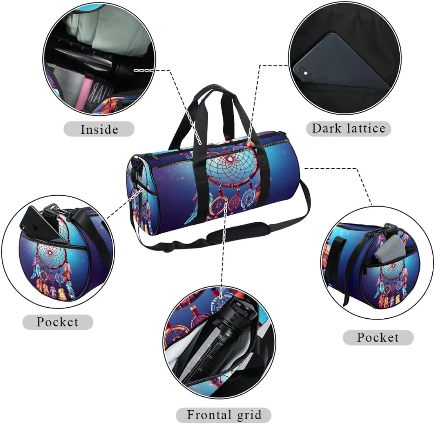 Gym Bags for Men,Travel Duffel Bags for Women,Ethnic Style Feather Dream Catcher,Workout Bag