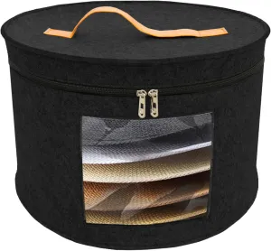 Hat Storage Box Portable Felt Organizer Bucket Foldable Large Capacity Round Travel Hat Container with Dust Proof Lid, Stuffed Animal Toys and Clothes Storage Bin Bag (Black)