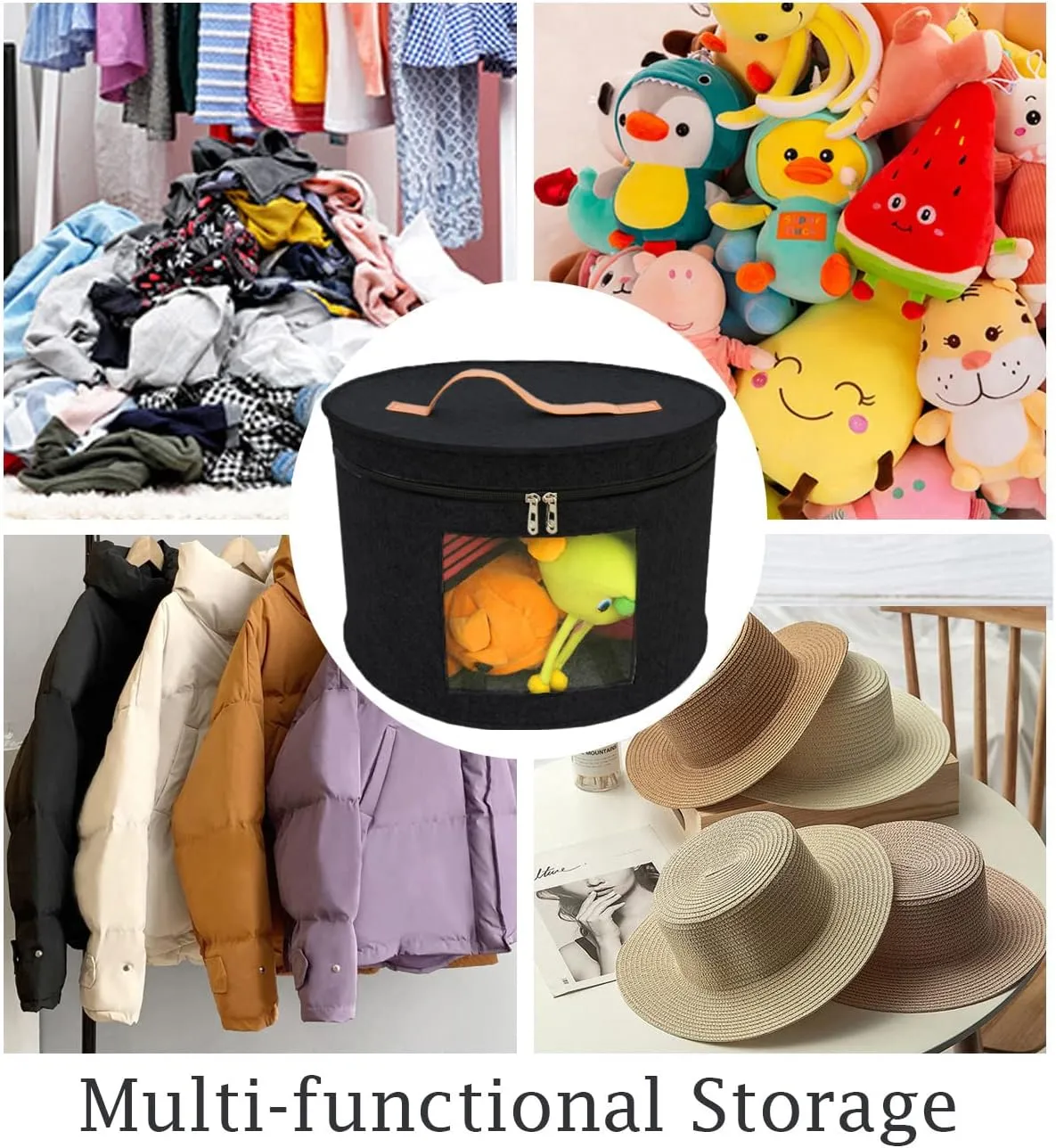 Hat Storage Box Portable Felt Organizer Bucket Foldable Large Capacity Round Travel Hat Container with Dust Proof Lid, Stuffed Animal Toys and Clothes Storage Bin Bag (Black)