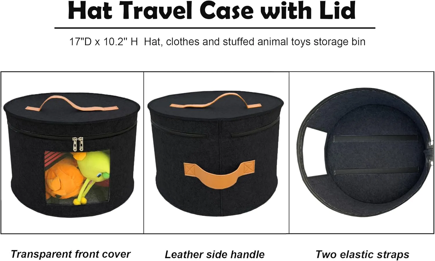 Hat Storage Box Portable Felt Organizer Bucket Foldable Large Capacity Round Travel Hat Container with Dust Proof Lid, Stuffed Animal Toys and Clothes Storage Bin Bag (Black)