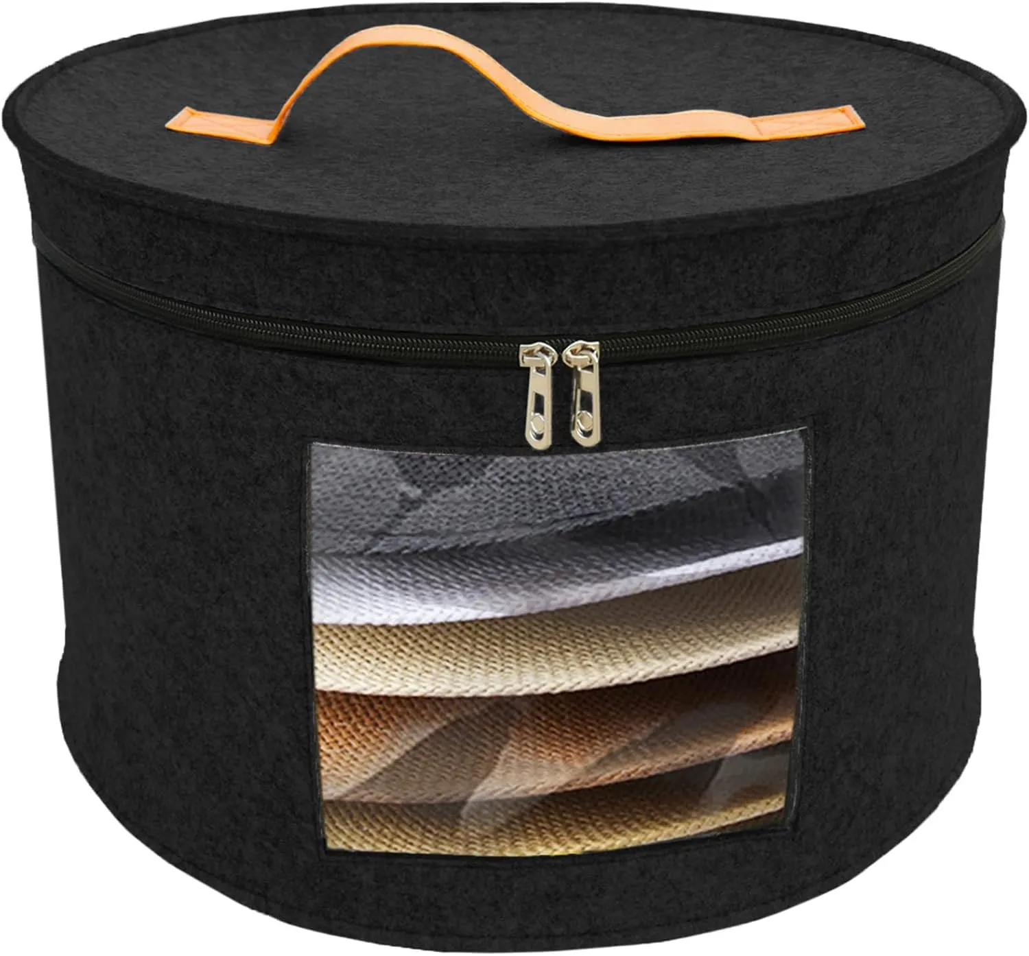 Hat Storage Box Portable Felt Organizer Bucket Foldable Large Capacity Round Travel Hat Container with Dust Proof Lid, Stuffed Animal Toys and Clothes Storage Bin Bag (Black)