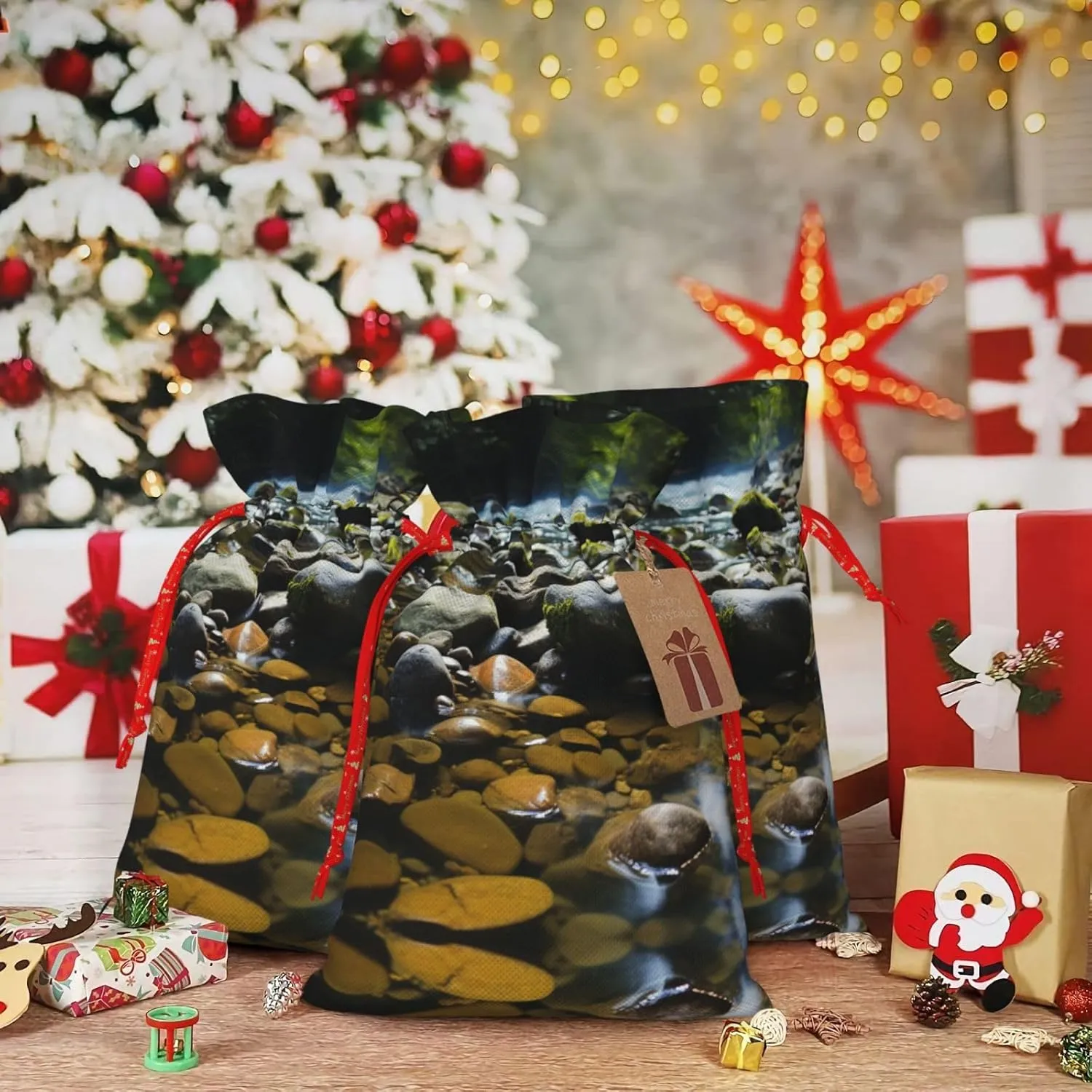 HCLYvexiria Christmas Gift Bag with Drawstrings Christmas Burlap Gift Bag Stream stones Drawstring Gift Bag for Xmas Christmas Drawstring Bag Christmas Linen Bag Gift Wrapping Bags for Presents Party