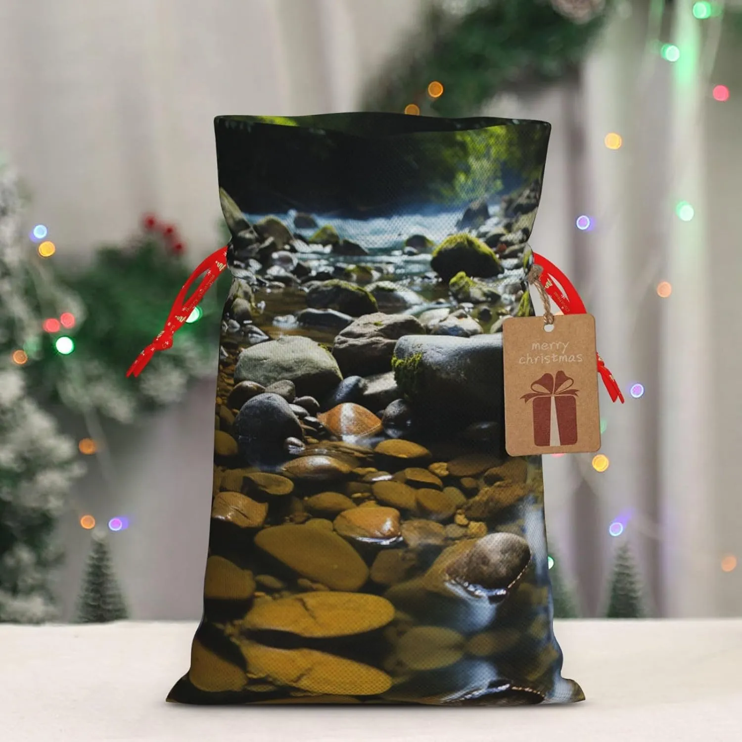 HCLYvexiria Christmas Gift Bag with Drawstrings Christmas Burlap Gift Bag Stream stones Drawstring Gift Bag for Xmas Christmas Drawstring Bag Christmas Linen Bag Gift Wrapping Bags for Presents Party