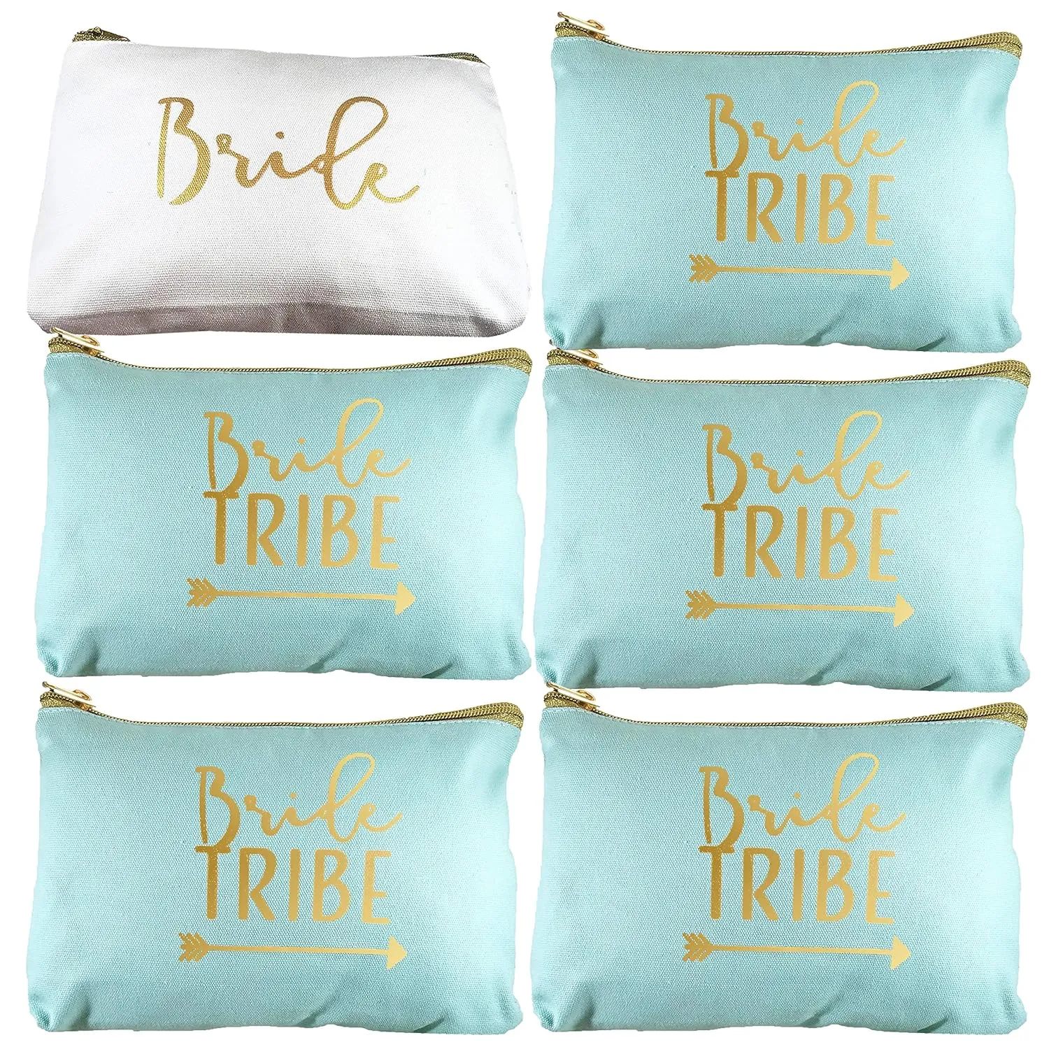 Heather & Willow 6 Piece Set | Seafoam Green Bride Tribe Canvas Cosmetic Makeup Clutch Gifts Bag for Bridesmaid Proposal Box & Bridesmaids Bachelorette Party Favors