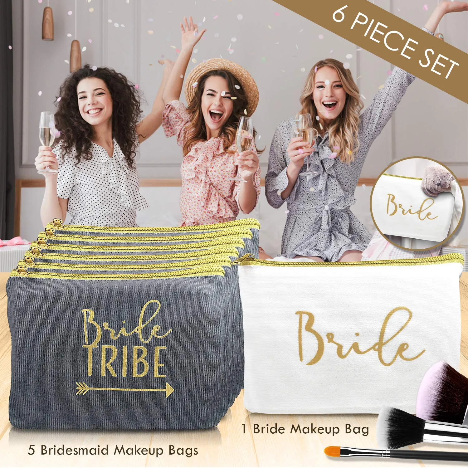 Heather & Willow 6 Piece Set | Seafoam Green Bride Tribe Canvas Cosmetic Makeup Clutch Gifts Bag for Bridesmaid Proposal Box & Bridesmaids Bachelorette Party Favors