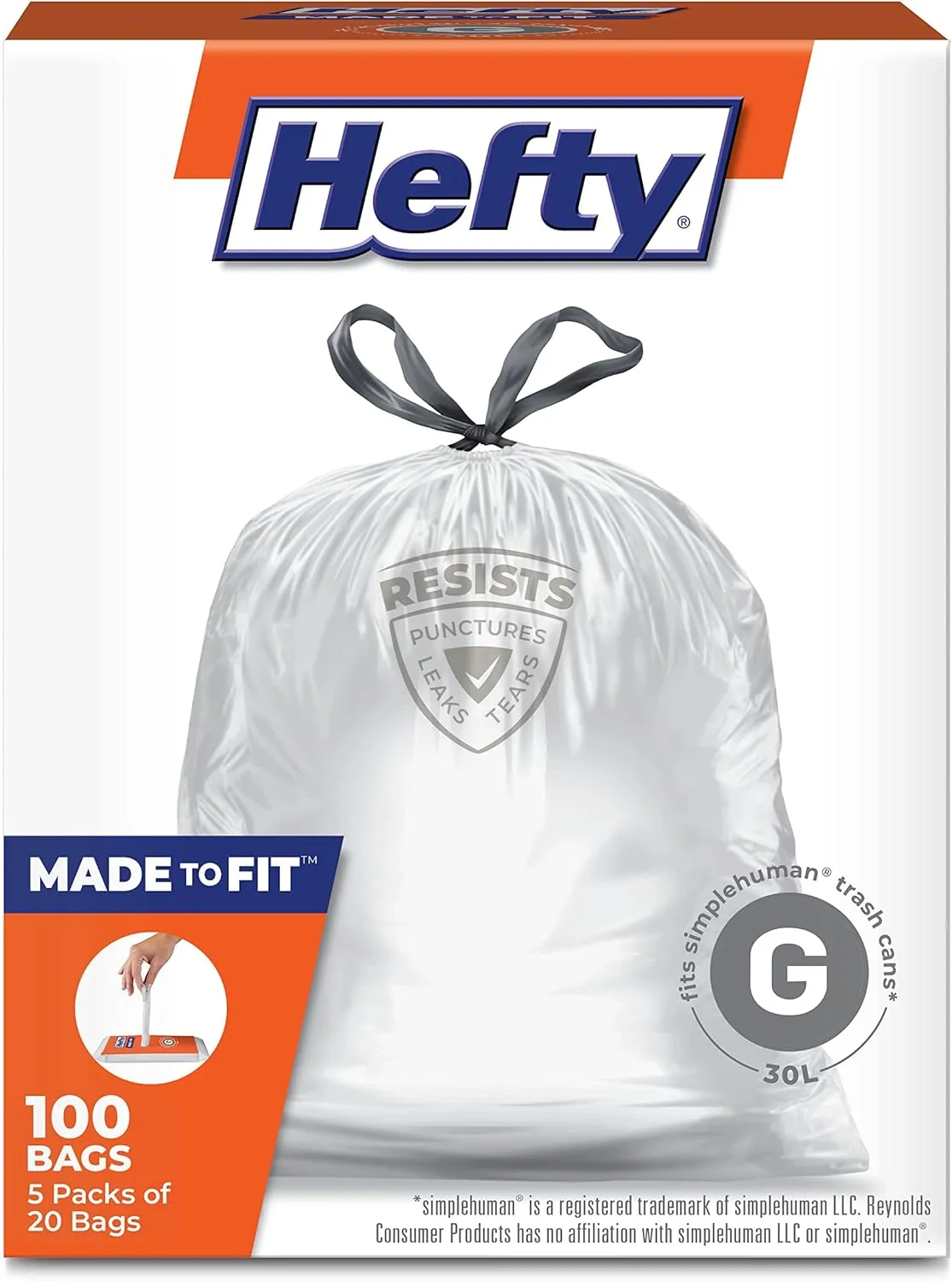 Hefty Made to Fit Trash Bags, Fits simplehuman Size G (8 Gallons), 100 Count (5 Pouches of 20 Bags Each)