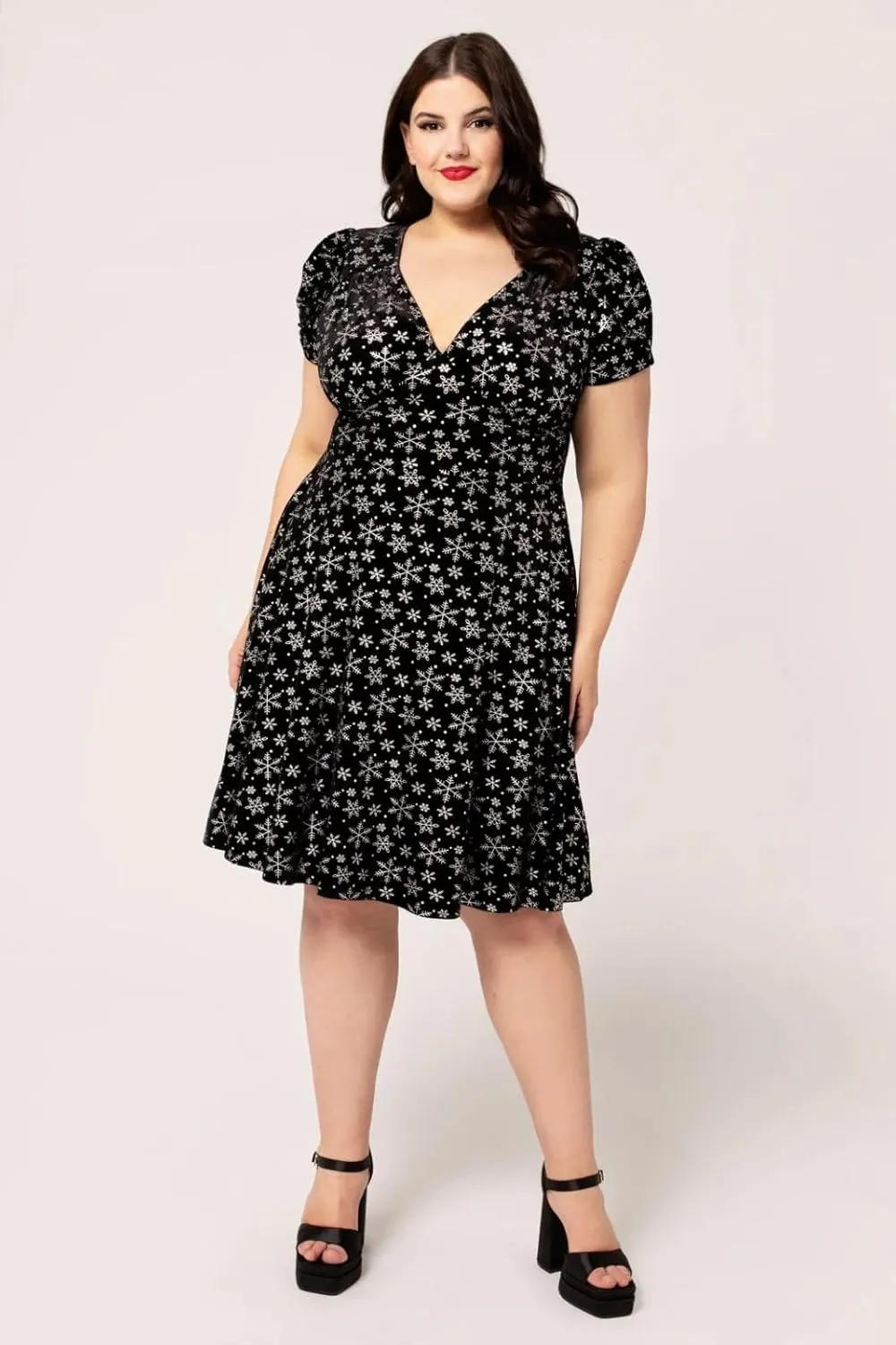Hell Bunny Eve Women's Snowflake Print Velvet Midi Dress, V-Neck, Short Puff Sleeves, Black with Silver Metallic, XS-6X