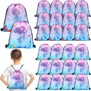 Hillban 24 Pcs Mermaid Drawstring Backpack Bulk Mermaid Party Favor Bags for Kids Girls Under the Sea Ocean Birthday Goodie Bags for Sports Swim Gym, 10 x 12 Inch(Vivid)