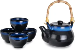 Hinomaru Collection Kagetsu Reactive Glazed Porcelain Japanese Style Tea Set 24 fl oz Teapot with Rattan Handle and Four Tea Cups (Black/Blue)