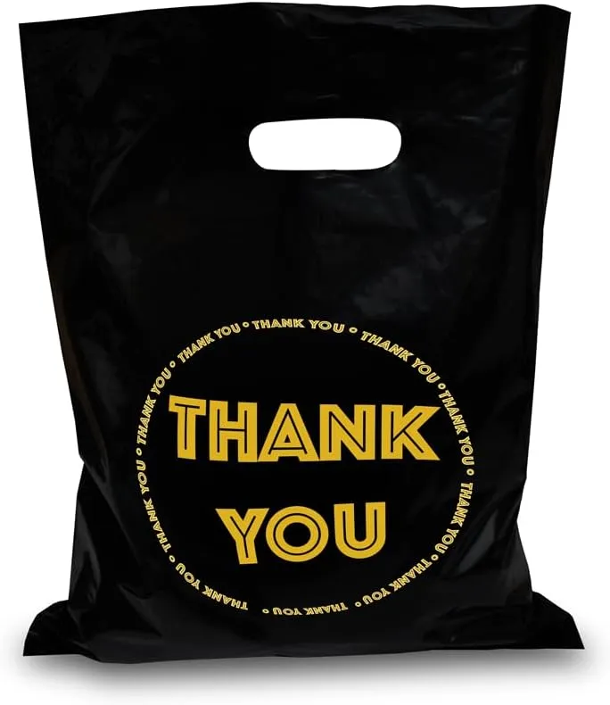 HIPOLI Thank You Merchandise Bags, 100 Pack, 12 x 15 Inches, 2 Mil Thick, Black Plastic Die Cut Shopping Bags for Small Business, Made in Korea