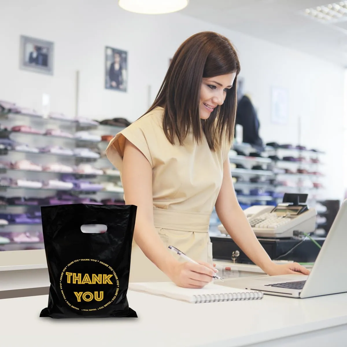 HIPOLI Thank You Merchandise Bags, 100 Pack, 12 x 15 Inches, 2 Mil Thick, Black Plastic Die Cut Shopping Bags for Small Business, Made in Korea
