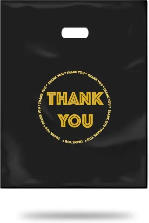 HIPOLI Thank You Merchandise Bags, 100 Pack, 12 x 15 Inches, 2 Mil Thick, Black Plastic Die Cut Shopping Bags for Small Business, Made in Korea