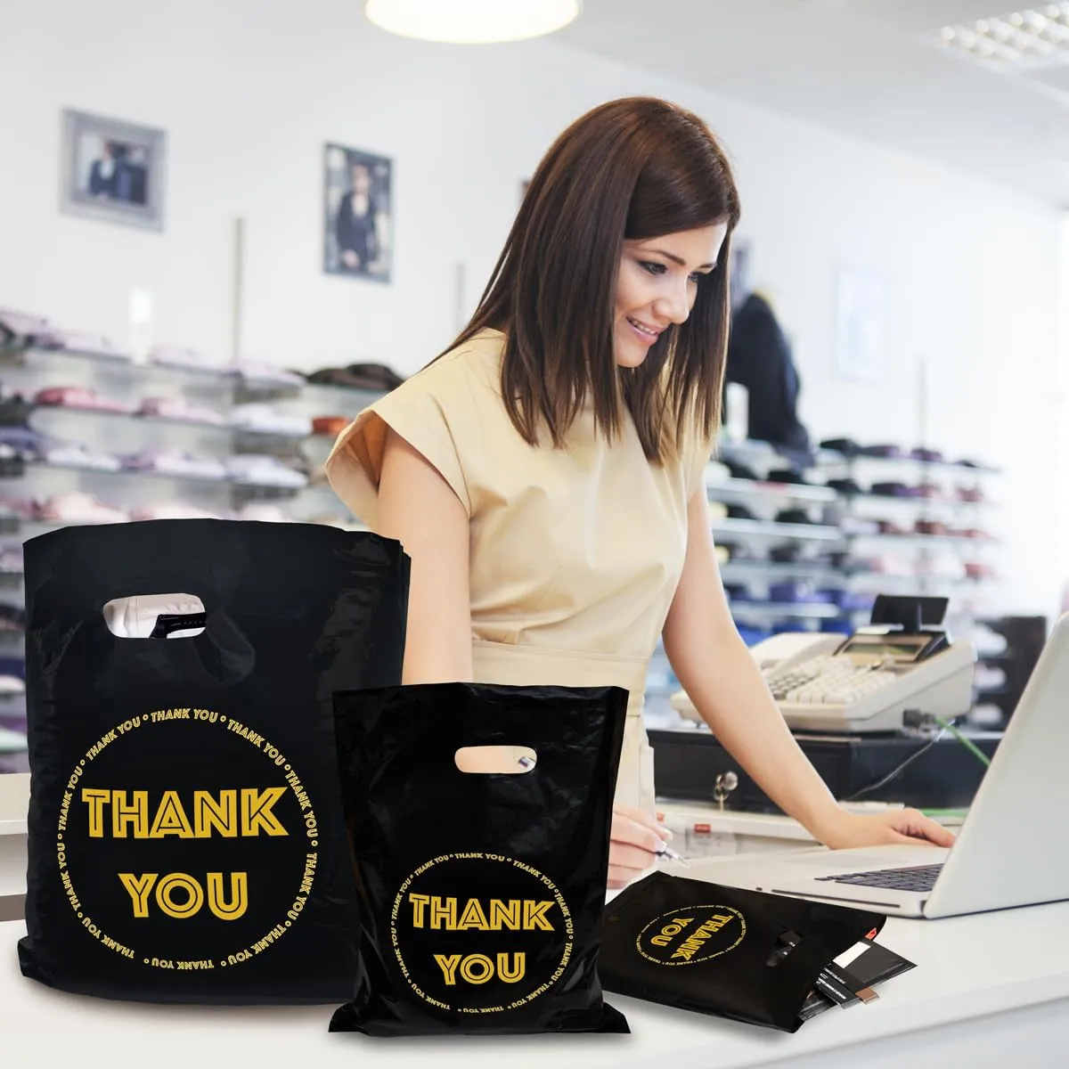 HIPOLI Thank You Merchandise Bags, 100 Pack, 12 x 15 Inches, 2 Mil Thick, Black Plastic Die Cut Shopping Bags for Small Business, Made in Korea