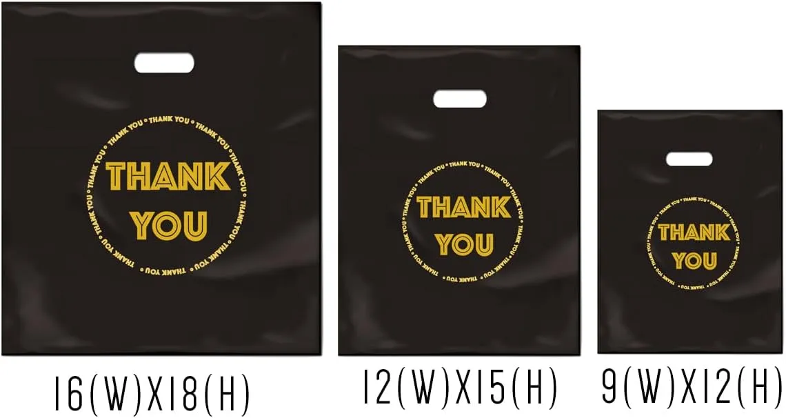 HIPOLI Thank You Merchandise Bags, 100 Pack, 12 x 15 Inches, 2 Mil Thick, Black Plastic Die Cut Shopping Bags for Small Business, Made in Korea