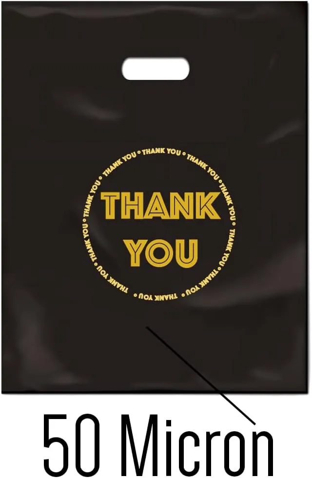 HIPOLI Thank You Merchandise Bags, 100 Pack, 12 x 15 Inches, 2 Mil Thick, Black Plastic Die Cut Shopping Bags for Small Business, Made in Korea