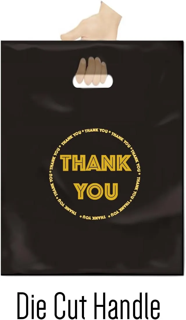 HIPOLI Thank You Merchandise Bags, 100 Pack, 12 x 15 Inches, 2 Mil Thick, Black Plastic Die Cut Shopping Bags for Small Business, Made in Korea