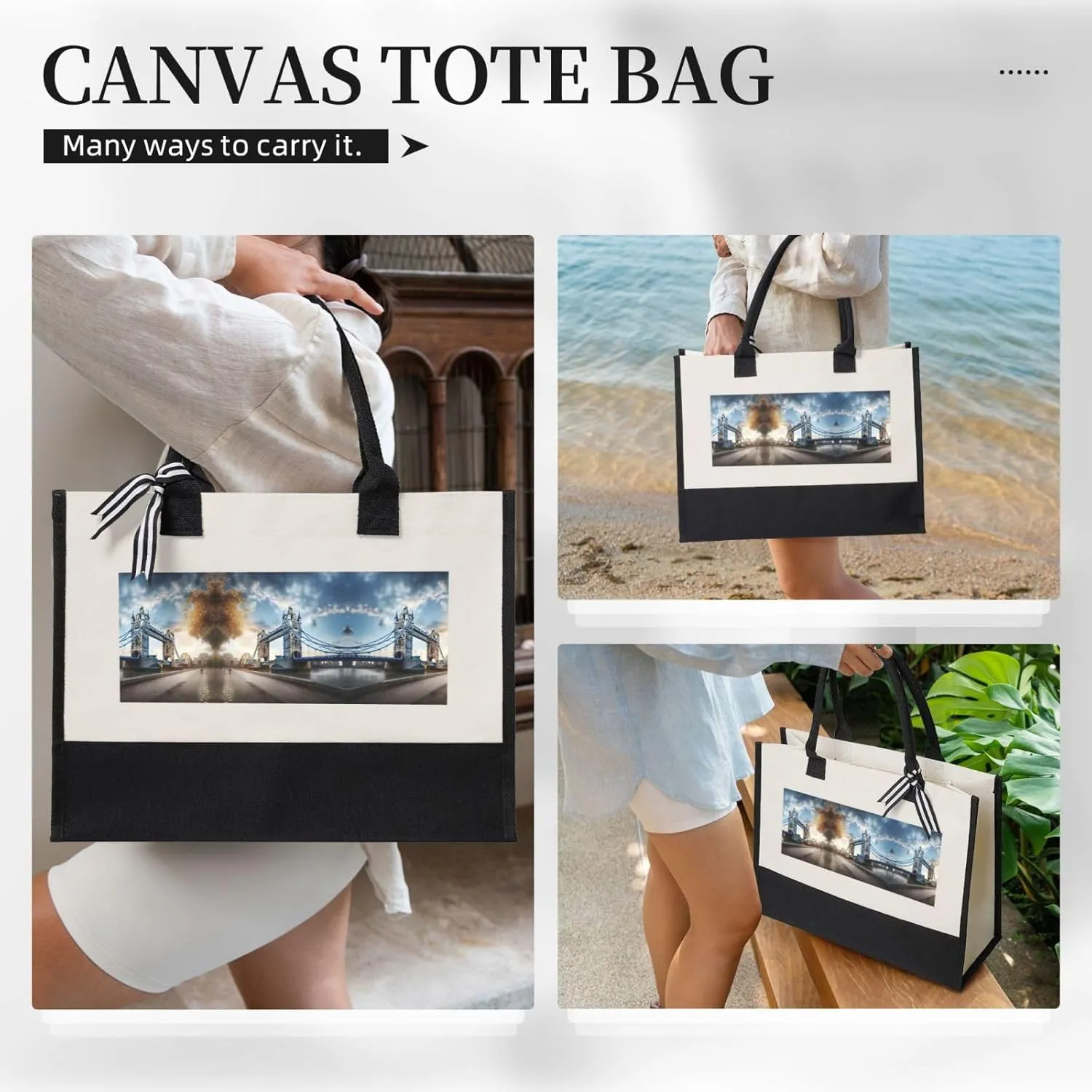 Historic Old Tower Bridge London Christmas Tote Bags With Handles Canvas Reusable Gift Bag For Women Holiday Travel