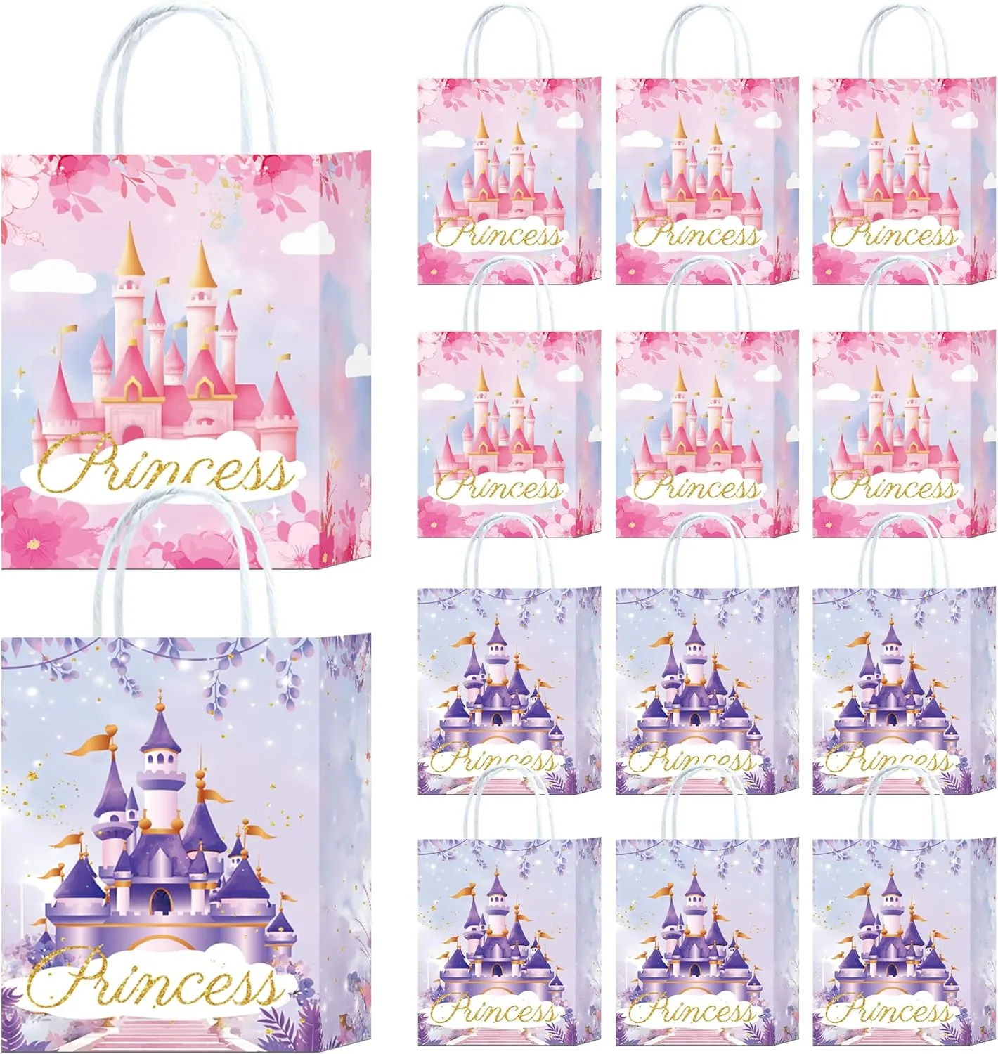 Hitkmi 24 Pcs Princess Party Bags Princess Gift Bags with Handles Castle Goodie Bags Princess Candy Bags for Birthday Party Supplies Pink and Purple