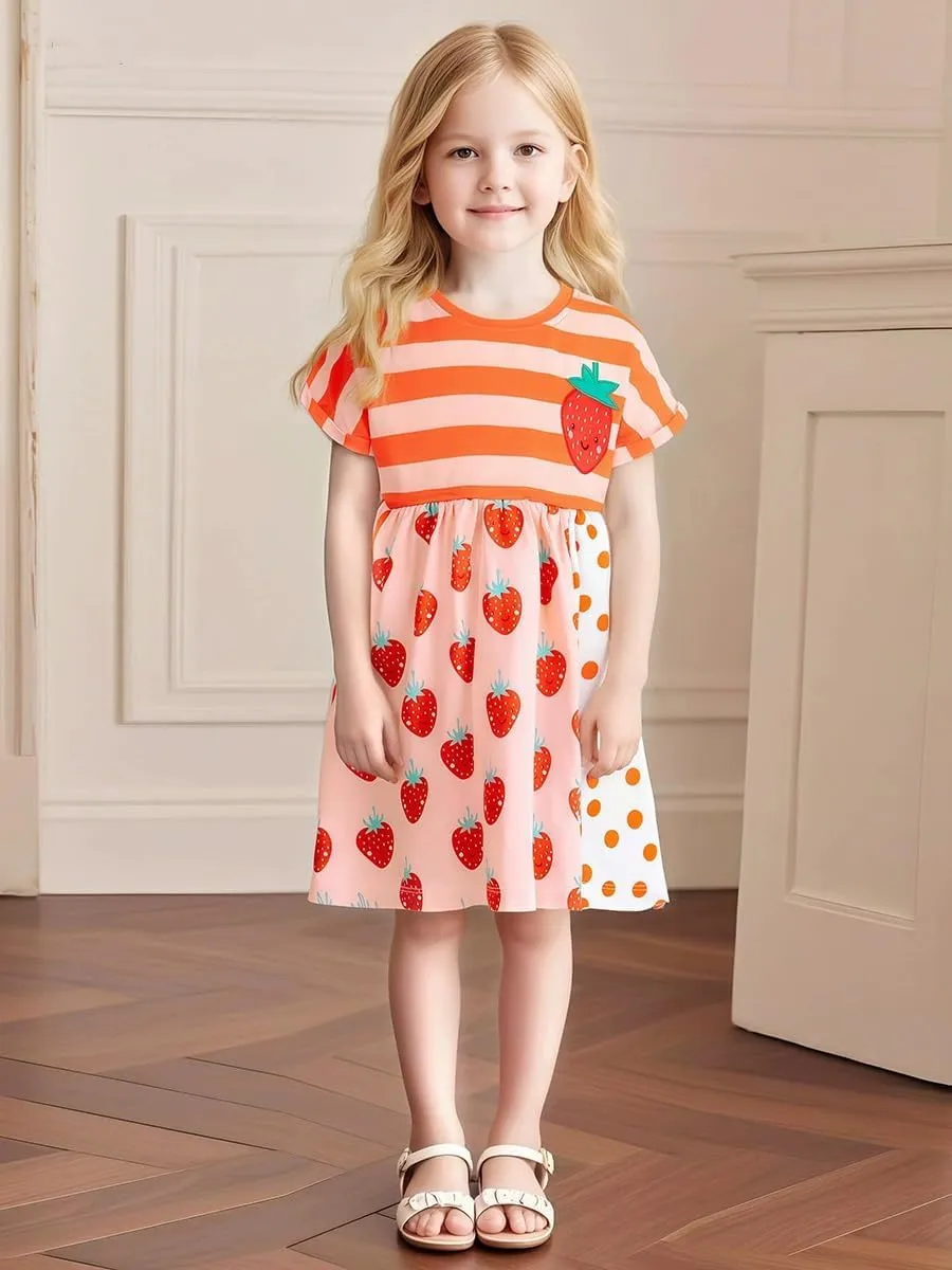 Hongshilian Toddler Girls Cotton Casual Dress Summer Playwear Short Sleeve Shirt Dresses