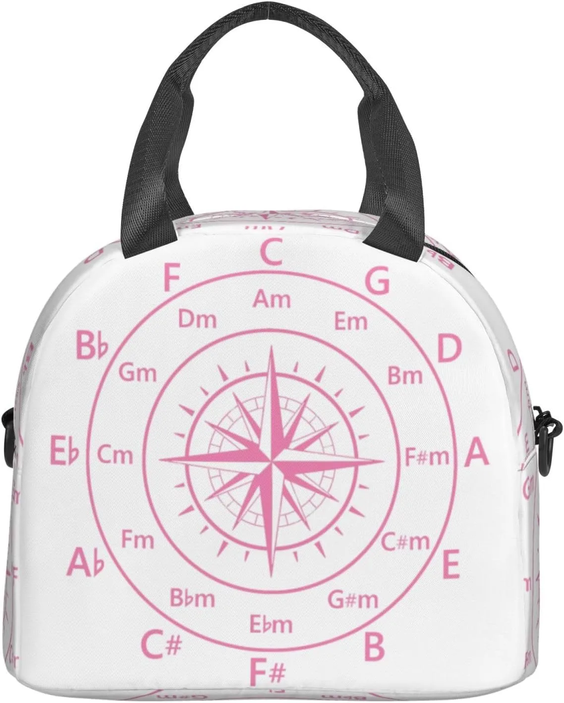 Hot Pink Fifths Music Circle Compass Lunch Bag Portable Lunch Box Reusable Sling Lunchbags Insulated Tote Bags Cooler Meal Organizer with Removable Strap for Office Picnic