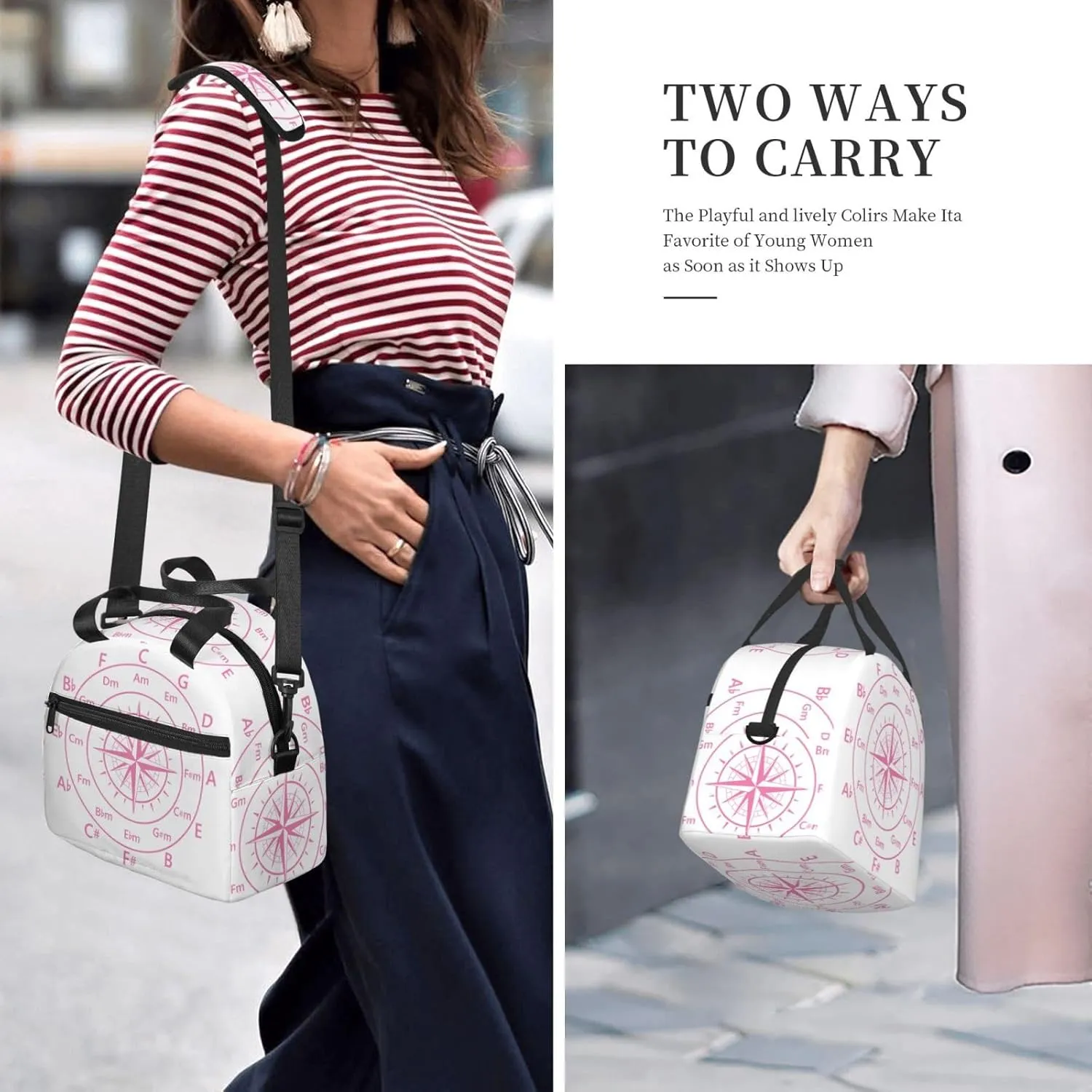 Hot Pink Fifths Music Circle Compass Lunch Bag Portable Lunch Box Reusable Sling Lunchbags Insulated Tote Bags Cooler Meal Organizer with Removable Strap for Office Picnic