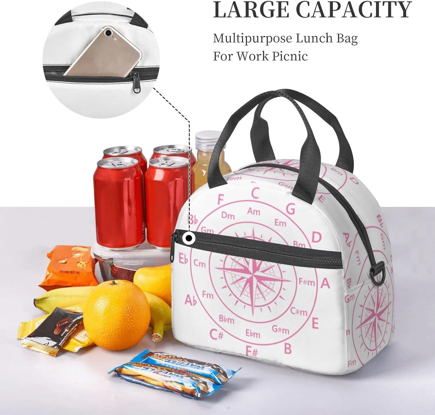 Hot Pink Fifths Music Circle Compass Lunch Bag Portable Lunch Box Reusable Sling Lunchbags Insulated Tote Bags Cooler Meal Organizer with Removable Strap for Office Picnic