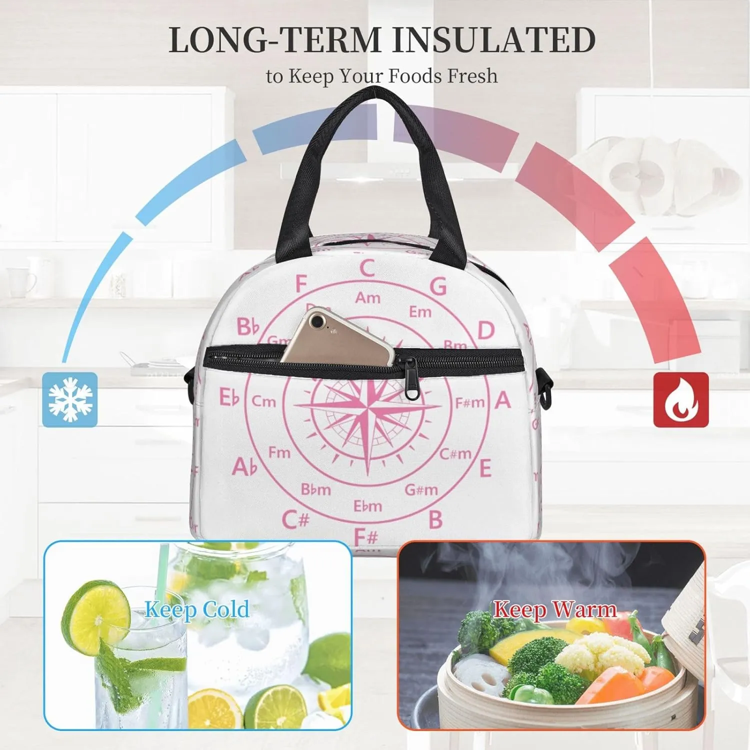 Hot Pink Fifths Music Circle Compass Lunch Bag Portable Lunch Box Reusable Sling Lunchbags Insulated Tote Bags Cooler Meal Organizer with Removable Strap for Office Picnic