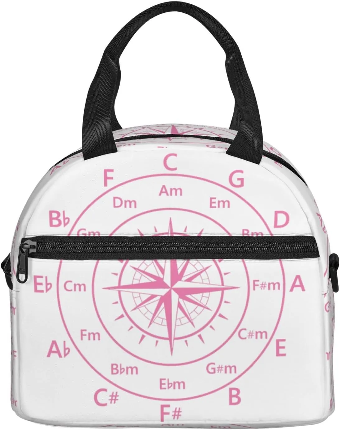 Hot Pink Fifths Music Circle Compass Lunch Bag Portable Lunch Box Reusable Sling Lunchbags Insulated Tote Bags Cooler Meal Organizer with Removable Strap for Office Picnic