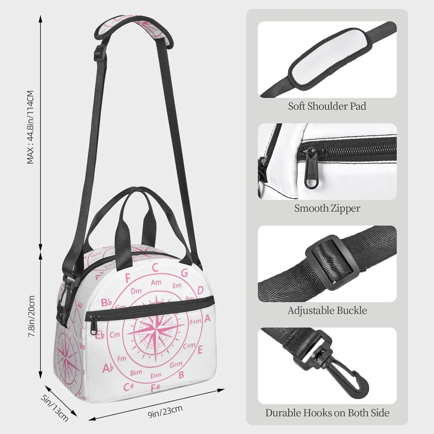 Hot Pink Fifths Music Circle Compass Lunch Bag Portable Lunch Box Reusable Sling Lunchbags Insulated Tote Bags Cooler Meal Organizer with Removable Strap for Office Picnic