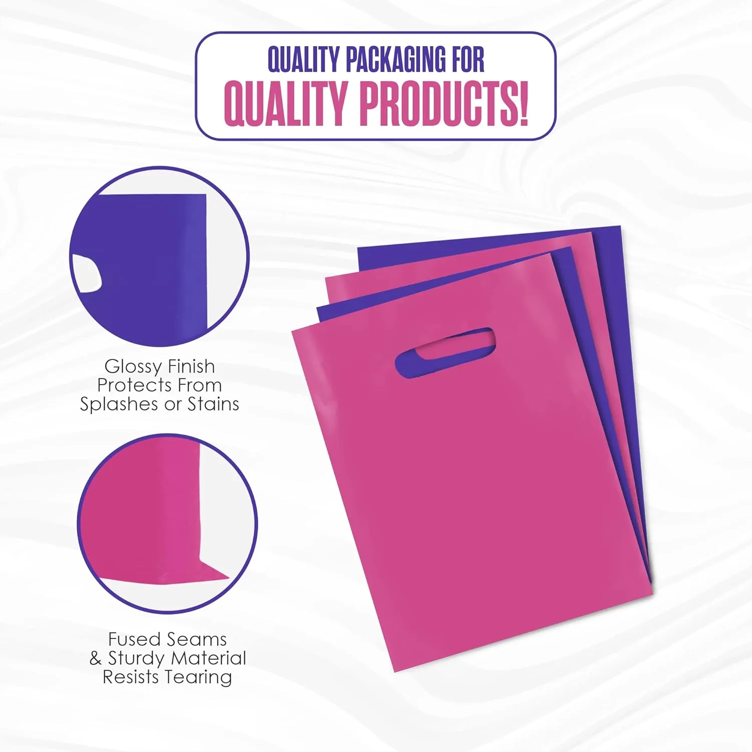 Houseables Plastic Merchandise Shopping Bags, Retail Bag, 16”x18”, 100 Pack, 1.75 Mil Thick, Pink & Purple, Die Cut Handles, Craft Fair Supplies, Store, Glossy, For Sales, Product, Favor, Boutique