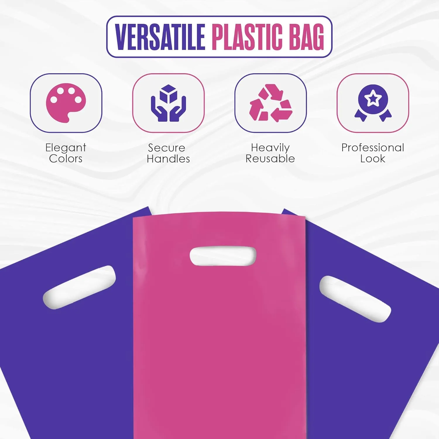 Houseables Plastic Merchandise Shopping Bags, Retail Bag, 16”x18”, 100 Pack, 1.75 Mil Thick, Pink & Purple, Die Cut Handles, Craft Fair Supplies, Store, Glossy, For Sales, Product, Favor, Boutique