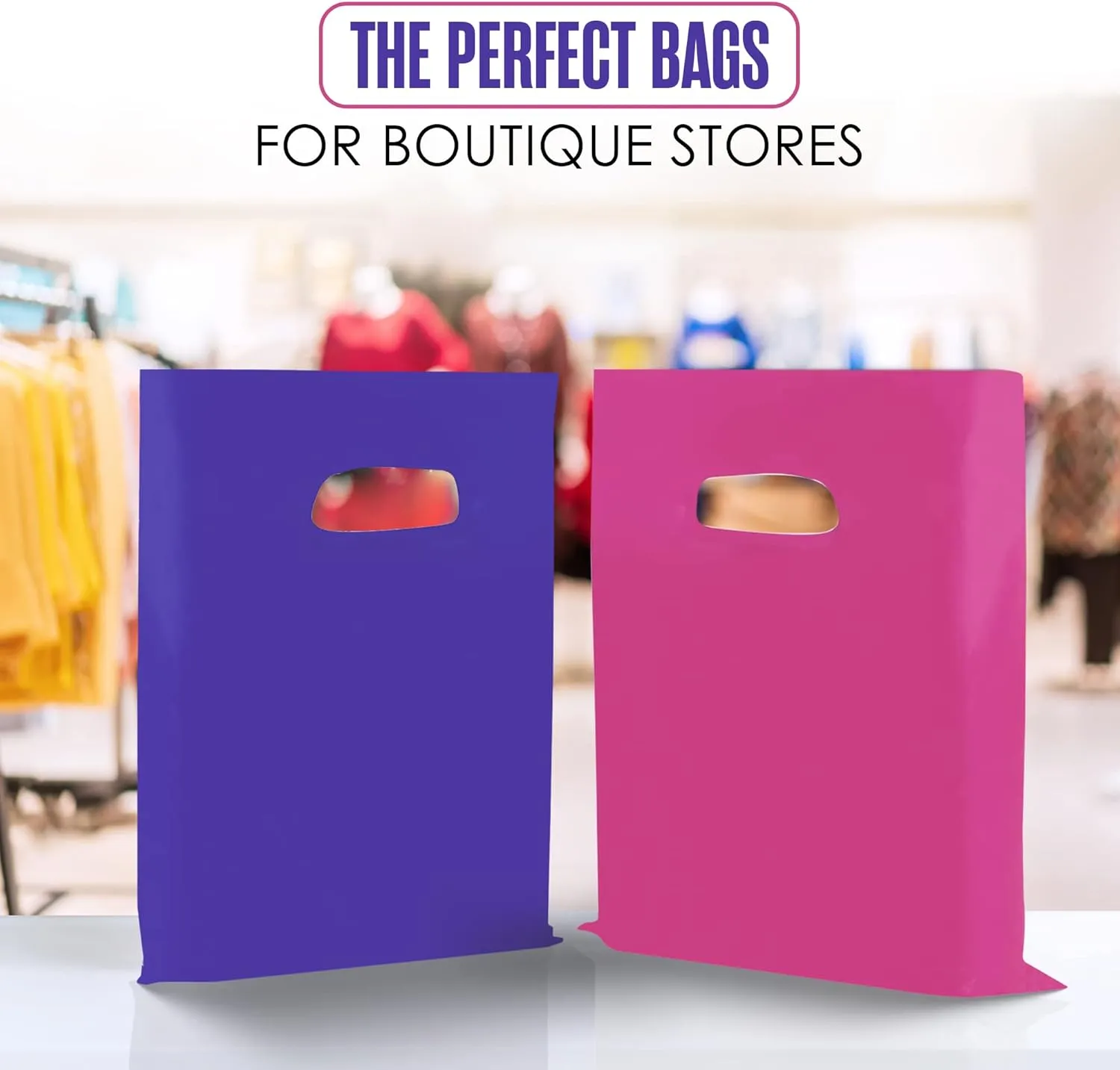 Houseables Plastic Merchandise Shopping Bags, Retail Bag, 16”x18”, 100 Pack, 1.75 Mil Thick, Pink & Purple, Die Cut Handles, Craft Fair Supplies, Store, Glossy, For Sales, Product, Favor, Boutique