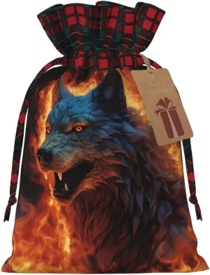HQaxsfQxnr Christmas Gift Bag Drawstring Gift Bag for Christmasc Wolf Surrounded by Fire Gift Bag for Christmasc Linen Wrapping Bag Christmas Drawstring Bag for Party Wrapping
