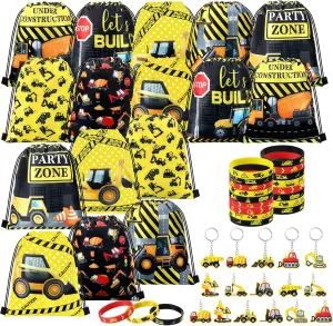 Hungdao 48 Pcs Construction Party Favors 16 Drawstring Bags Goodie Bag 16 Wristbands 16 Construction Keychains for Birthday Party
