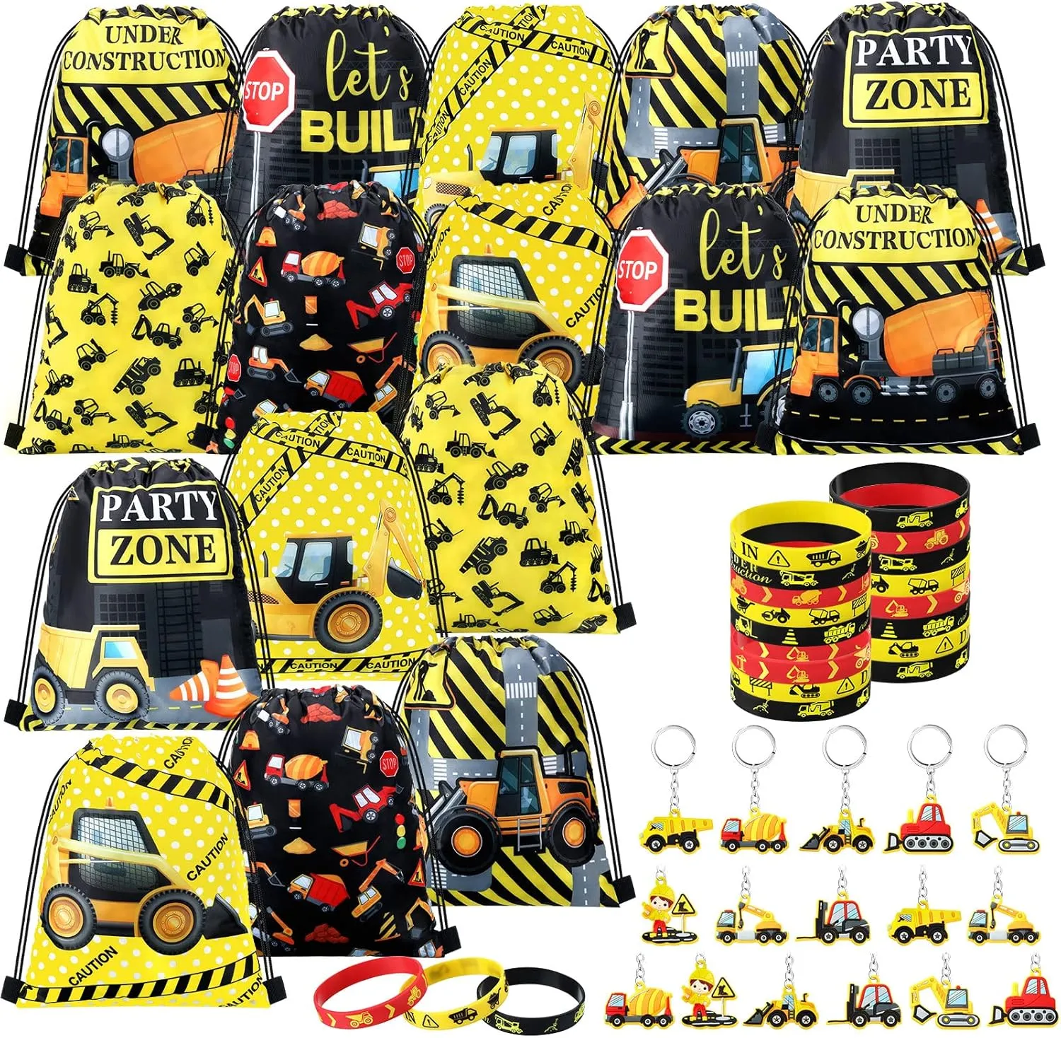 Hungdao 48 Pcs Construction Party Favors 16 Drawstring Bags Goodie Bag 16 Wristbands 16 Construction Keychains for Birthday Party