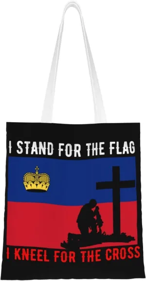 I Stand For The Liechtenstein Flag And I Kneel For The Cross Tote Bag for Women Canvas Shopping Bags Reusable Large Capacity Casual Shoulder Handbags Grocery Bags DIY Gift Bags