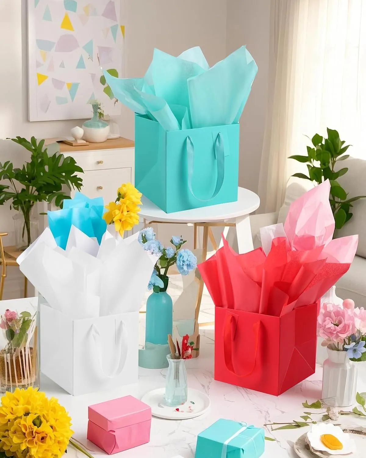 IN-JOOYAA 10 Pcs White Square Gift Bags with Tissue Paper Small Size Solid Party Favor Bags with Handles for Gift Giving (8x8x8 In, White)