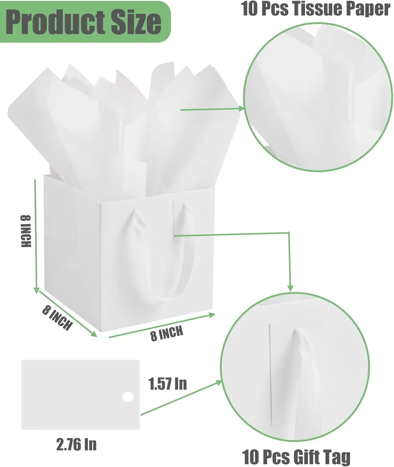 IN-JOOYAA 10 Pcs White Square Gift Bags with Tissue Paper Small Size Solid Party Favor Bags with Handles for Gift Giving (8x8x8 In, White)
