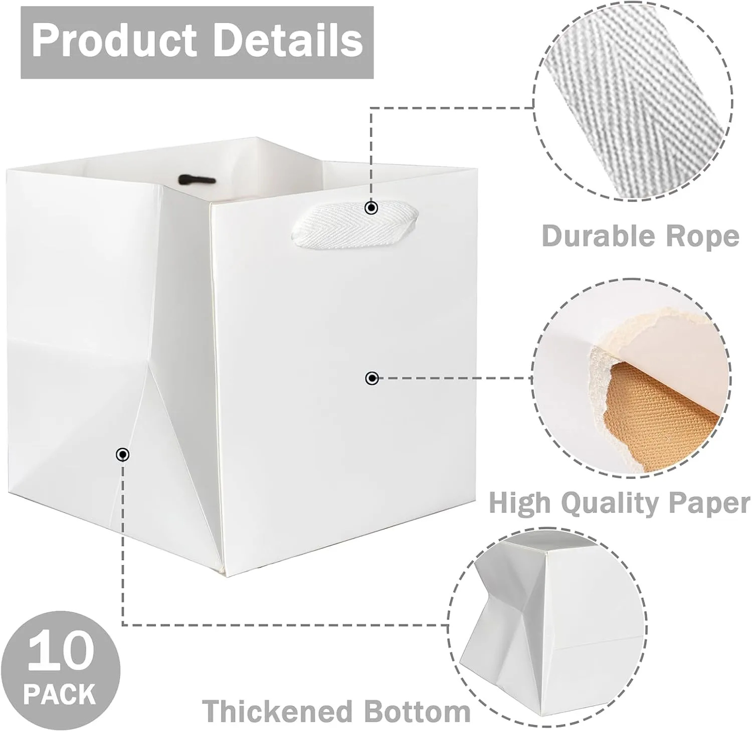 IN-JOOYAA 10 Pcs White Square Gift Bags with Tissue Paper Small Size Solid Party Favor Bags with Handles for Gift Giving (8x8x8 In, White)