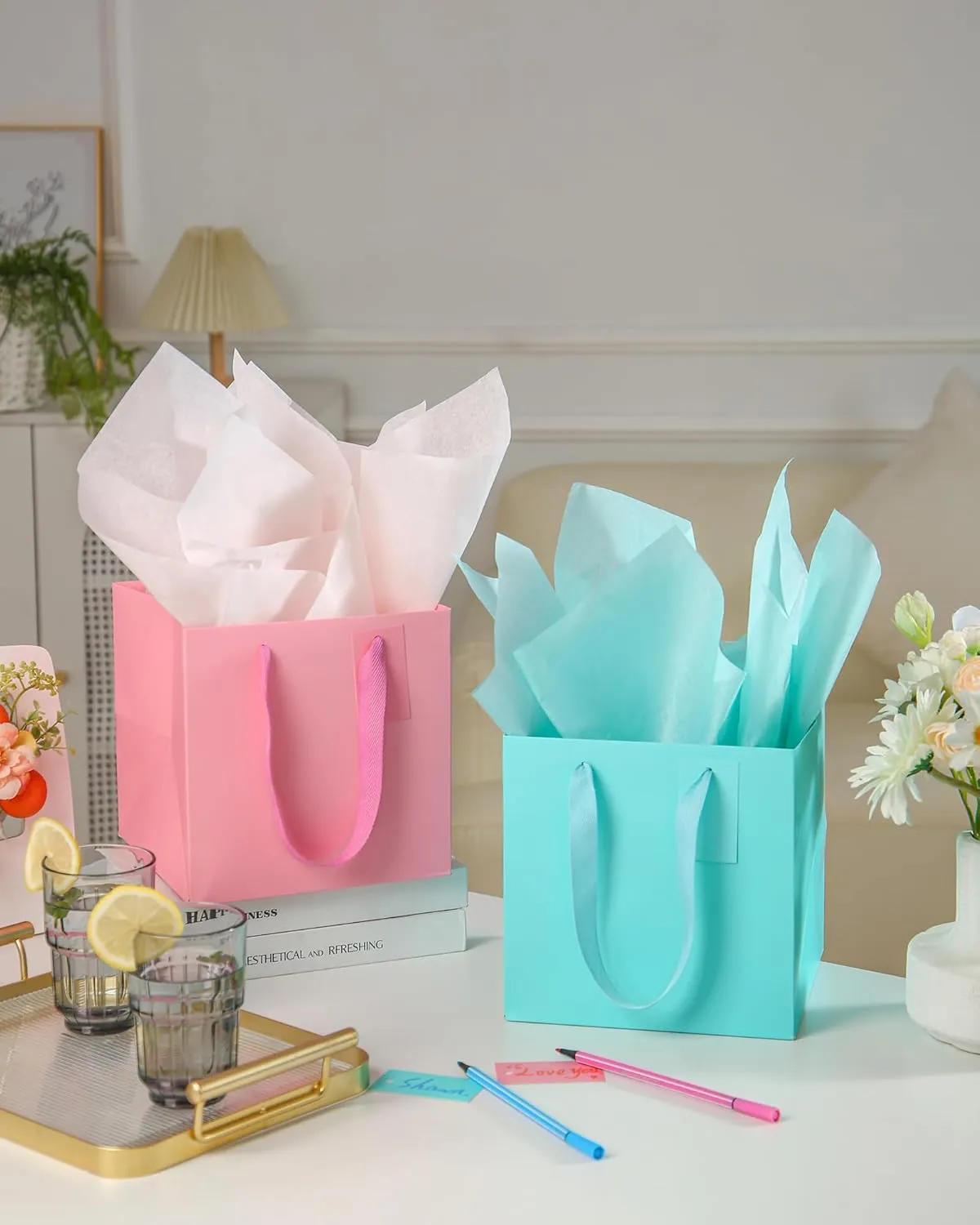 IN-JOOYAA 10 Pcs White Square Gift Bags with Tissue Paper Small Size Solid Party Favor Bags with Handles for Gift Giving (8x8x8 In, White)